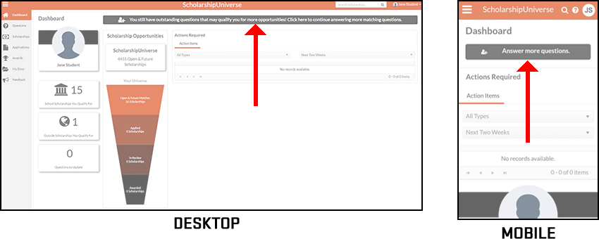 screencapture of dashboard page for desktop and mobile with alert highlighted