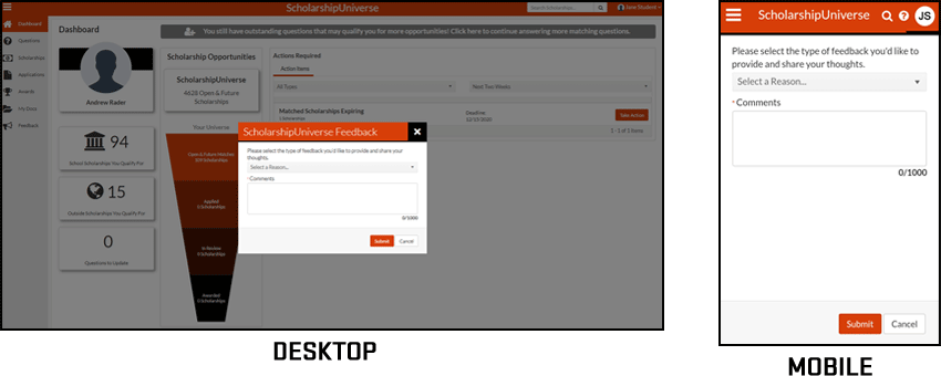 screencapture of scholarshipuniverse feedback function for desktop and mobile devices