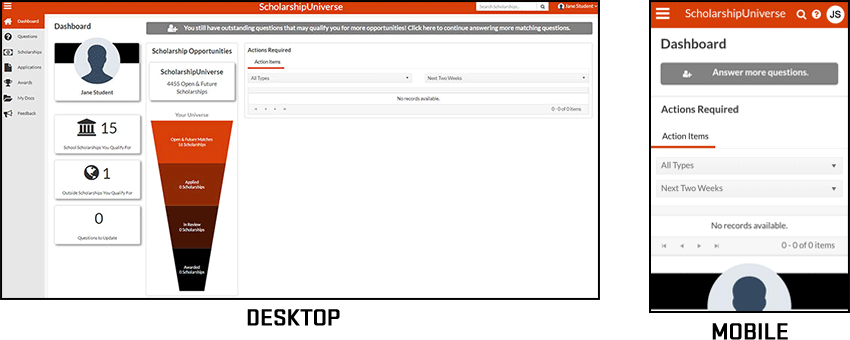screencapture of scholardollars dashboard page for desktop and mobile devices